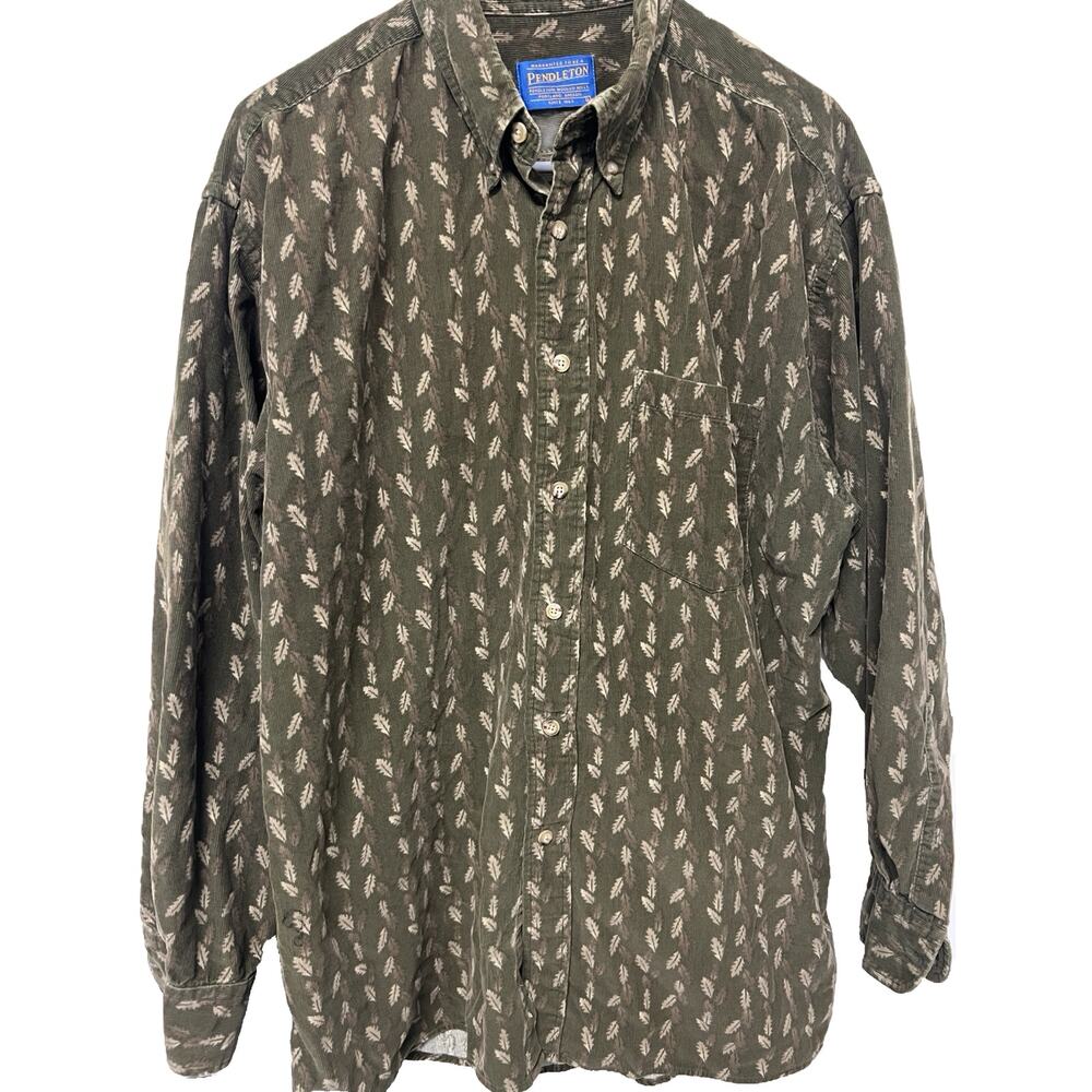 Pendleton Cotton Button Down Shirt Large Leaves Fall Design Brown Ribbed Cotton